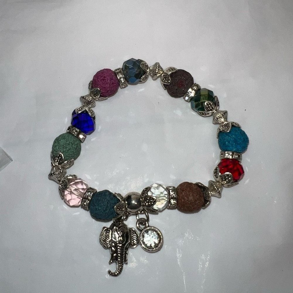 Silver Tone Colorful Lava Rock Bead Good Luck Elephant Charm Bracelet - Picture 3 of 7